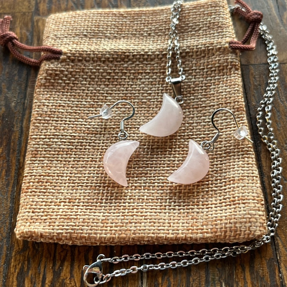 Rose Quartz Moon Necklace Rose Quartz Moon Earrings Matching Crystal Set